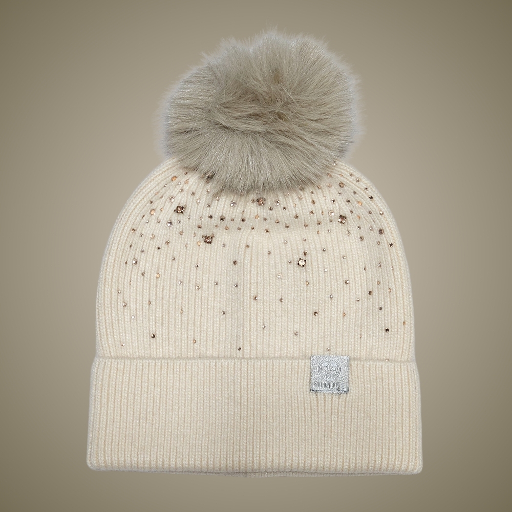 Furlux Hat Beanie Sand Wool & Cashmere Bling Faux Fur Pom Pom Cottagecore Gift